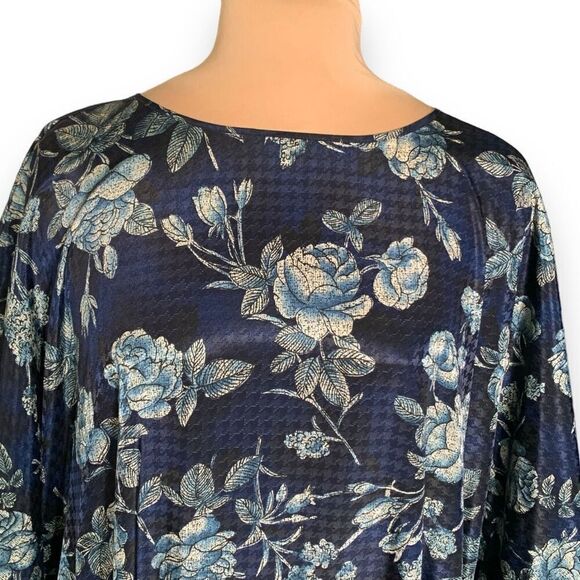 Vintage 90s Kaftan Maxi Dress Navy Blue Dark Floral Rose Houndstooth Satin OS - Picture 2 of 9